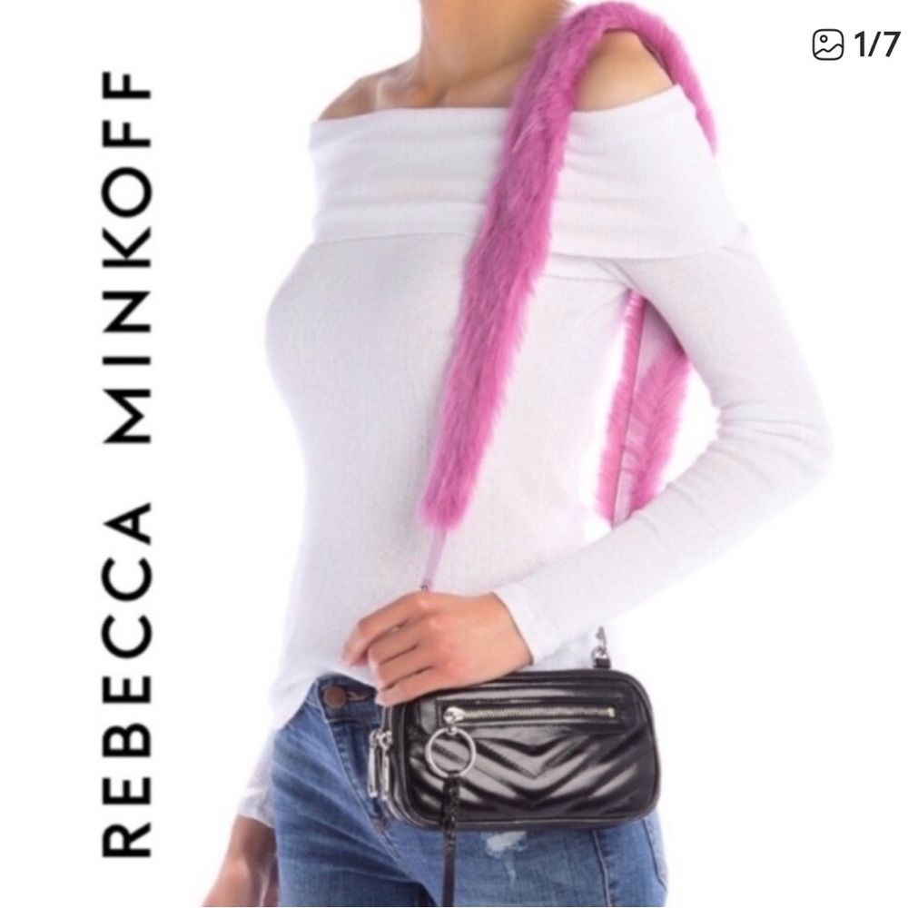 Rebecca Minkoff Black Quilted Leather Crossbody with Pink Fur Strap